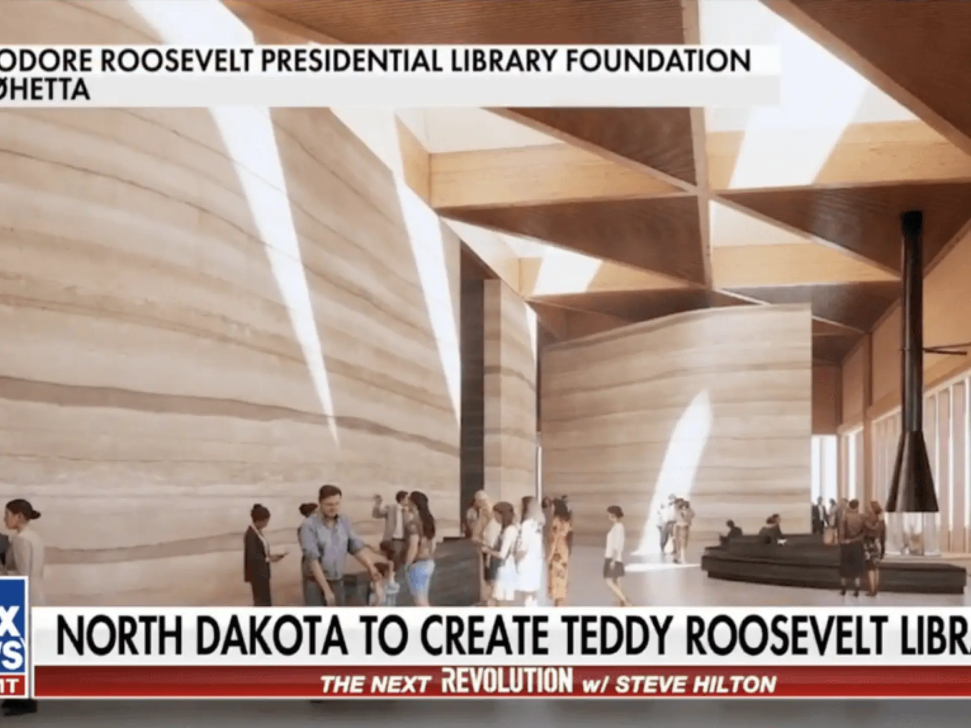 Futuristic library interior with large windows and people walking.