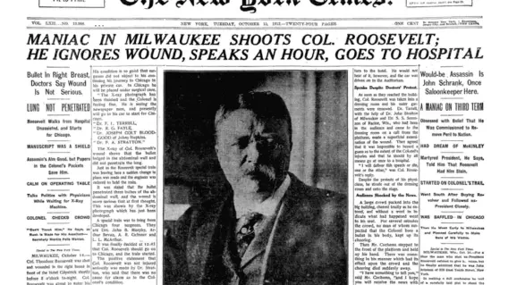 Historic newspaper front page featuring Theodore Roosevelt photograph.