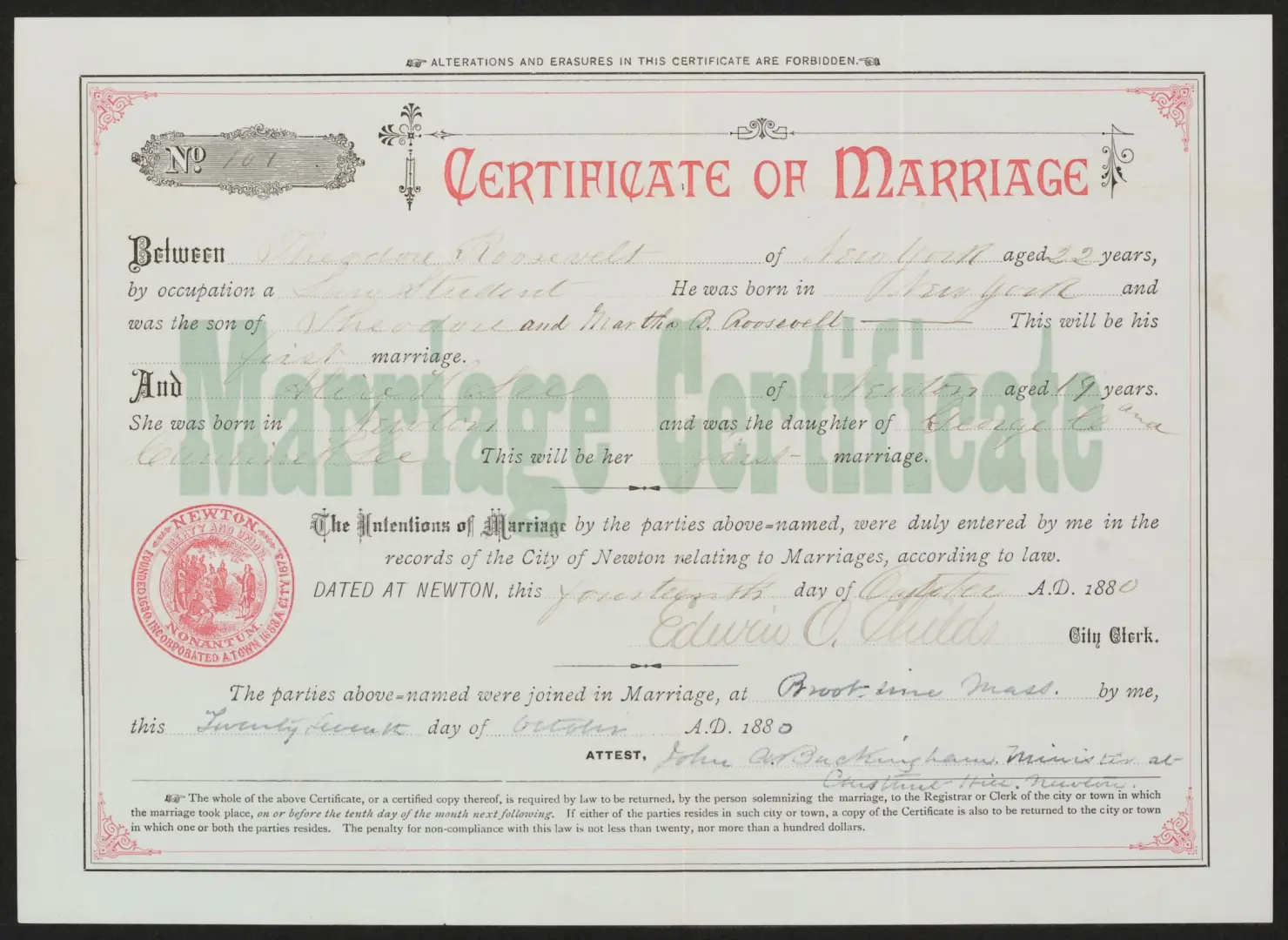 Marriage Certificate for Theodore Roosevelt and Alice Hathaway Lee