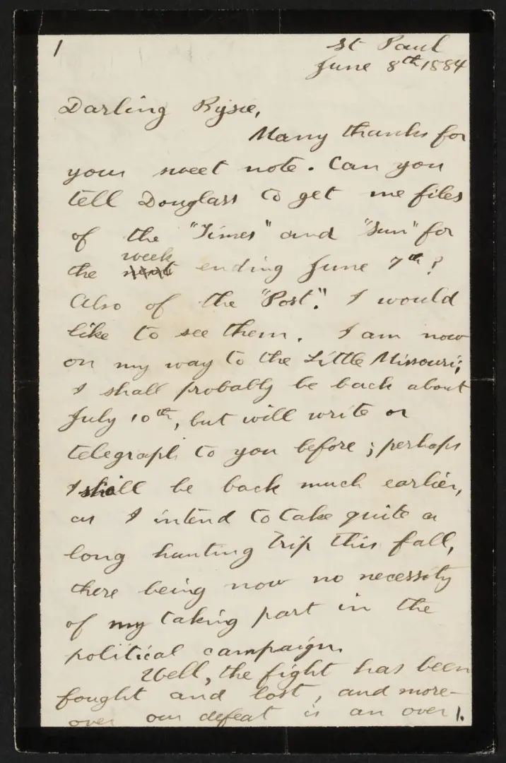 Letter from Theodore Roosevelt to his sister Anna Roosevelt about the Republican National Convention in 1884