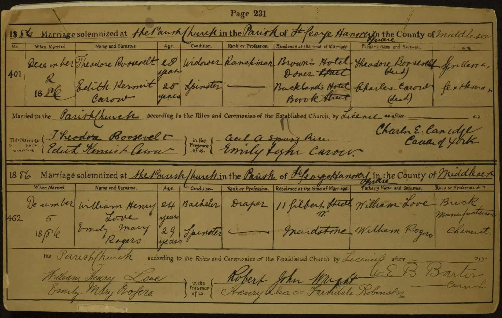 Marriage record of Theodore Roosevelt and Edith Kermit Carow