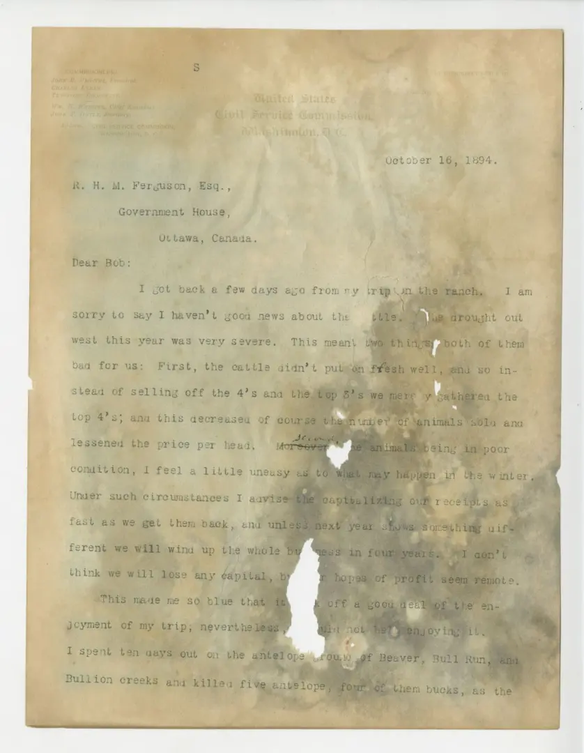 Letter from Theodore Roosevelt to Robert Harry Munro Ferguson