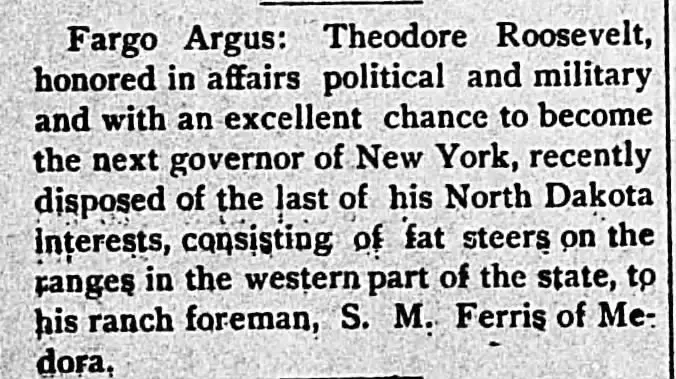 Newspaper article about Theodore Roosevelt selling his cattle interests