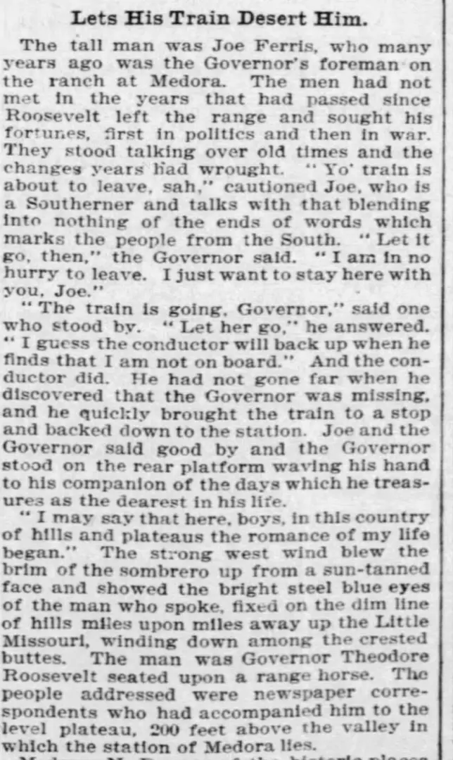 Article discussing Theodore Roosevelt's visit to Medora in September 1900