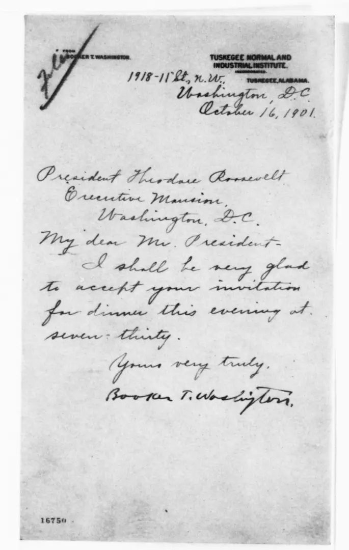 Letter from Booker T. Washington to Theodore Roosevelt