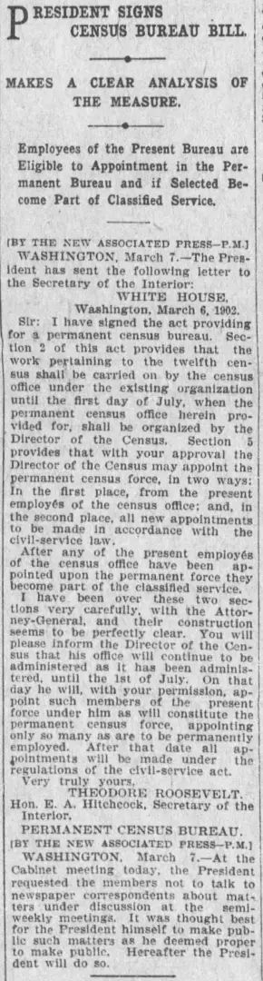 Newspaper article about the permanent census bureau