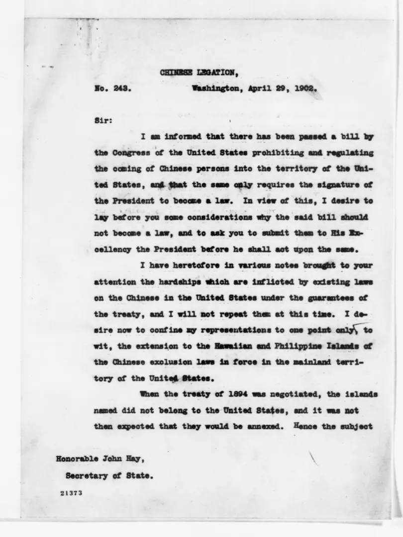 Letter from Tingfang Wu to John Hay