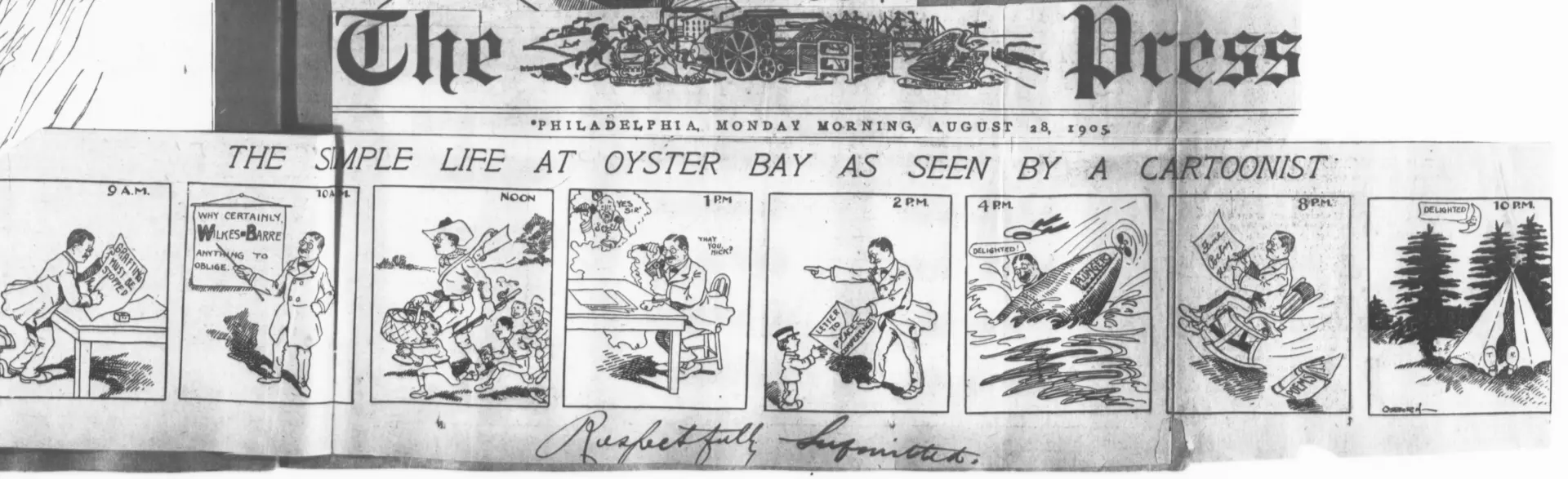 Cartoon that includes an illustration of Theodore Roosevelt riding in a submarine