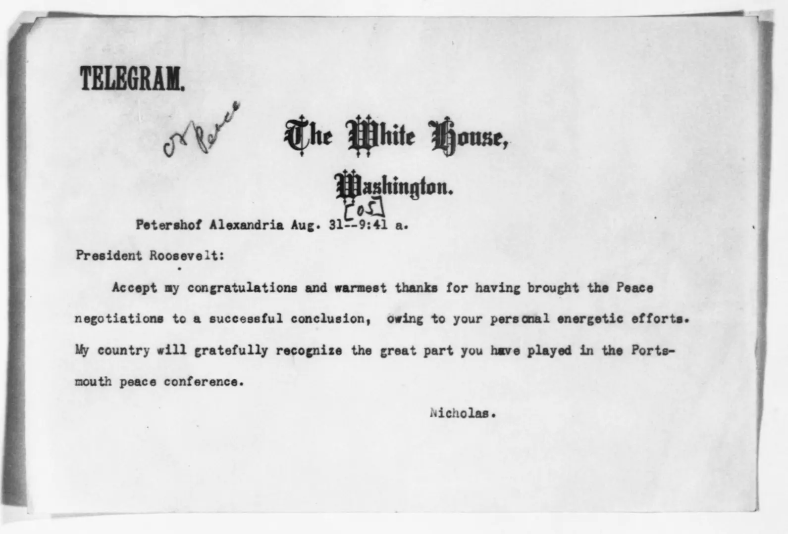 Telegram from Nicholas II, Emperor of Russia, to Theodore Roosevelt