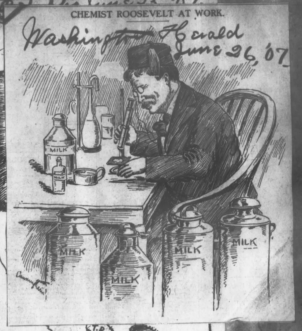 Cartoon of Theodore Roosevelt examining milk