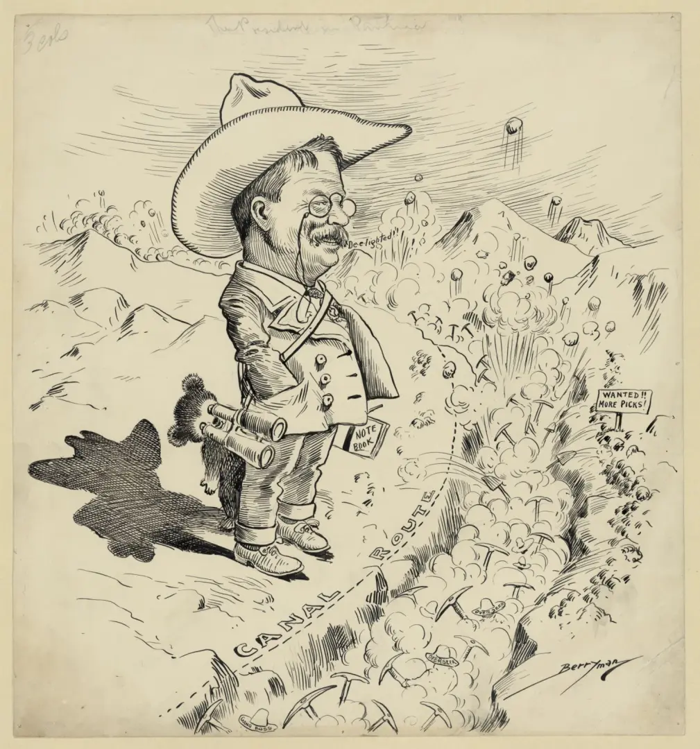 Cartoon of Theodore Roosevelt visiting the Panama Canal