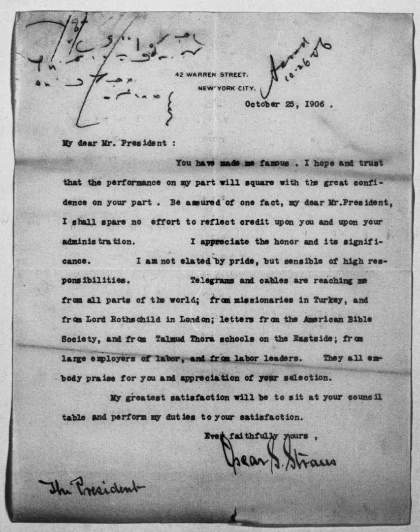 Letter from Oscar S. Straus to Theodore Roosevelt