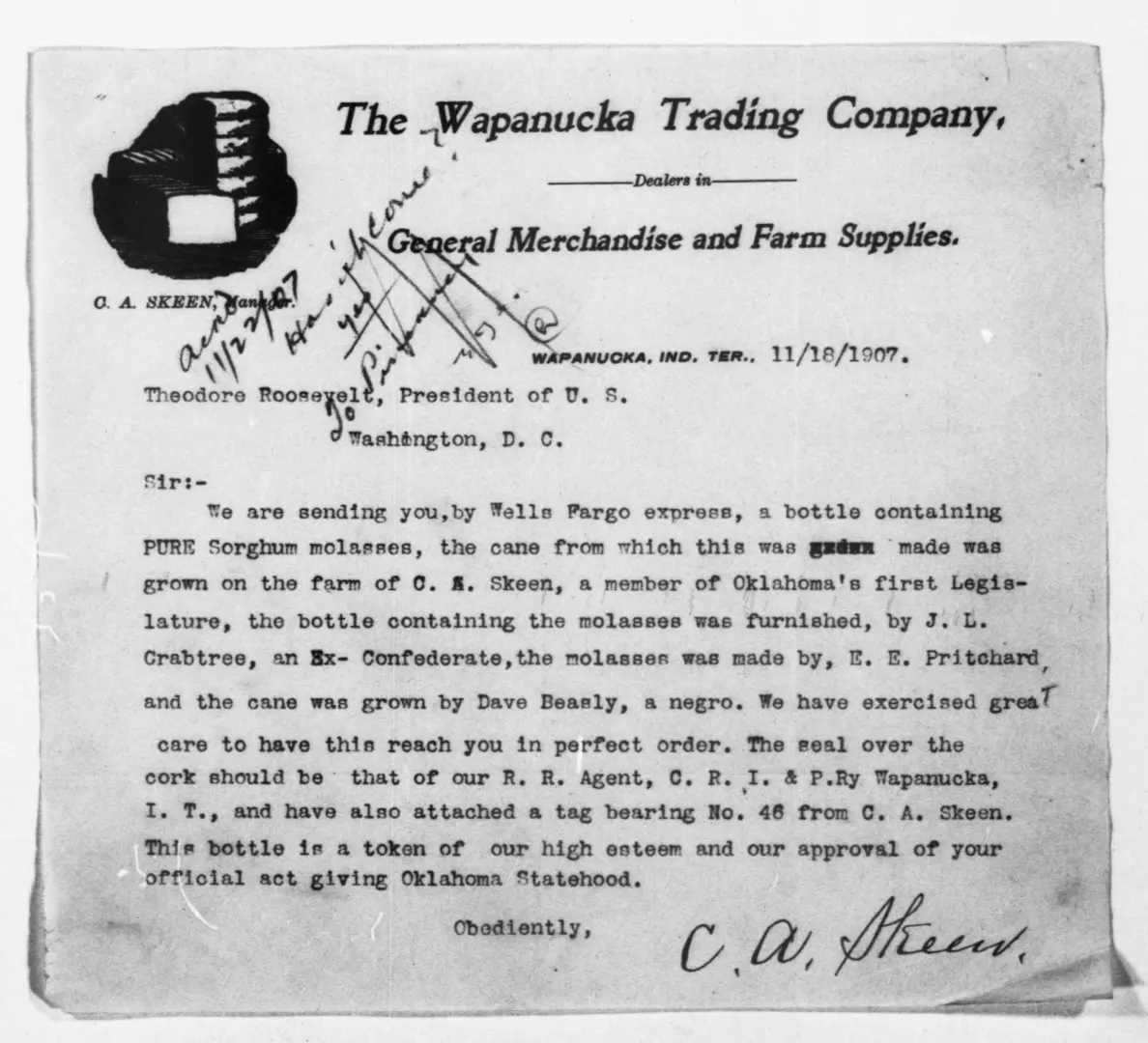 Letter from Cicero A. Skeen to Theodore Roosevelt