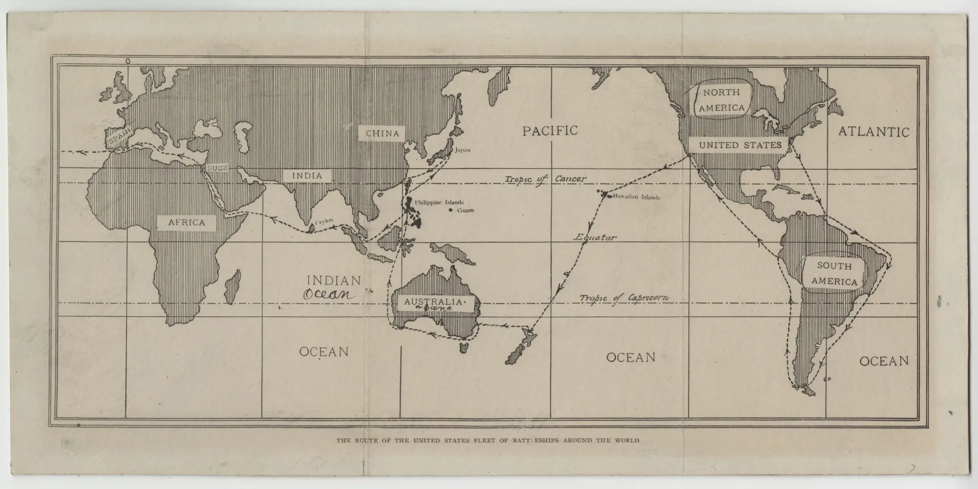 The route of the United States fleet of battleships around the world