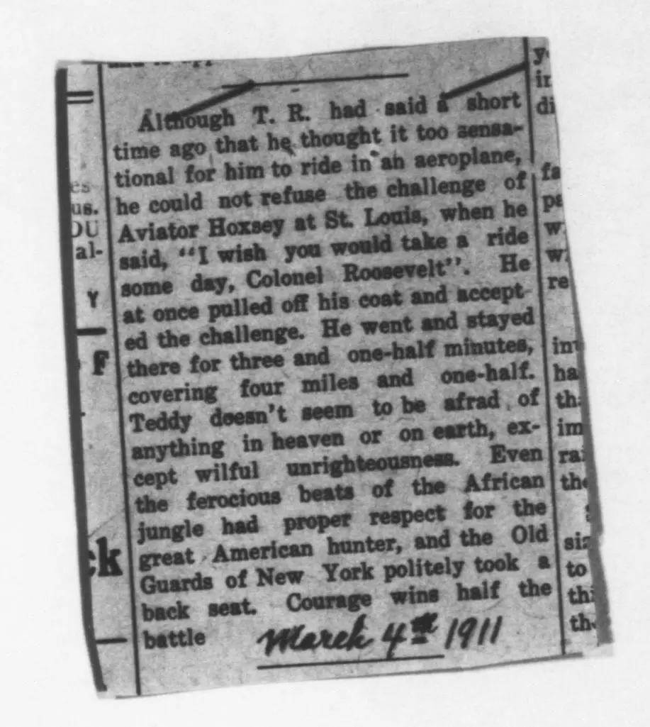 Newspaper clipping about Theodore Roosevelt’s ride in an airplane