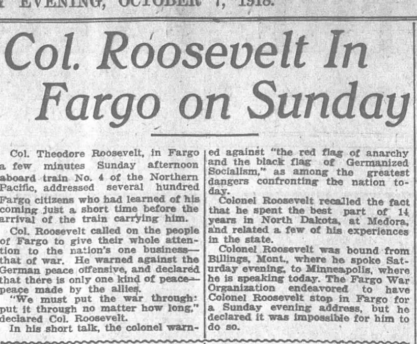 Newspaper article of Theodore Roosevelt's visit to Fargo in October 1918