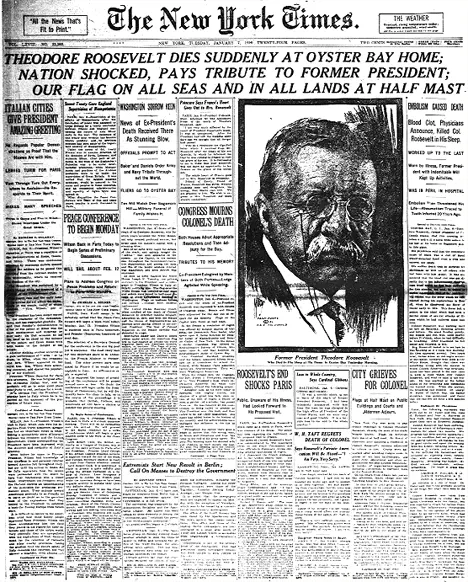 Newspaper article declaring Theodore Roosevelt's death